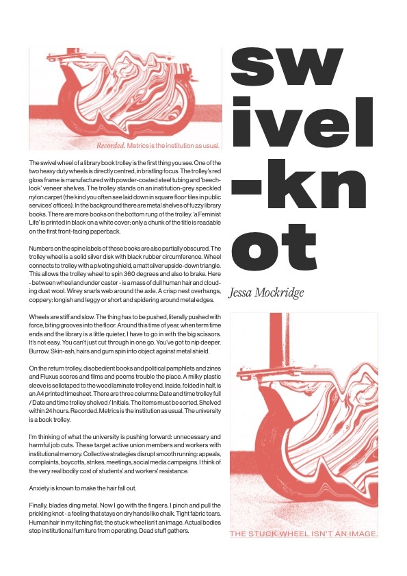 the poster has small black text with a big heading eading Swivel-knot and red illustrations of trolley wheels with wood grain centres